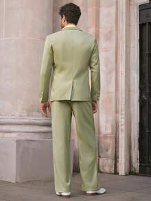 Manfinity VCAY Bộ vest nam cổ chữ V màu trơn dệt kim thường ngày, bộ màu xanh lá cây chanh bạc hà, phong cách Old Money - Màu xanh Ô liu - Xem 2