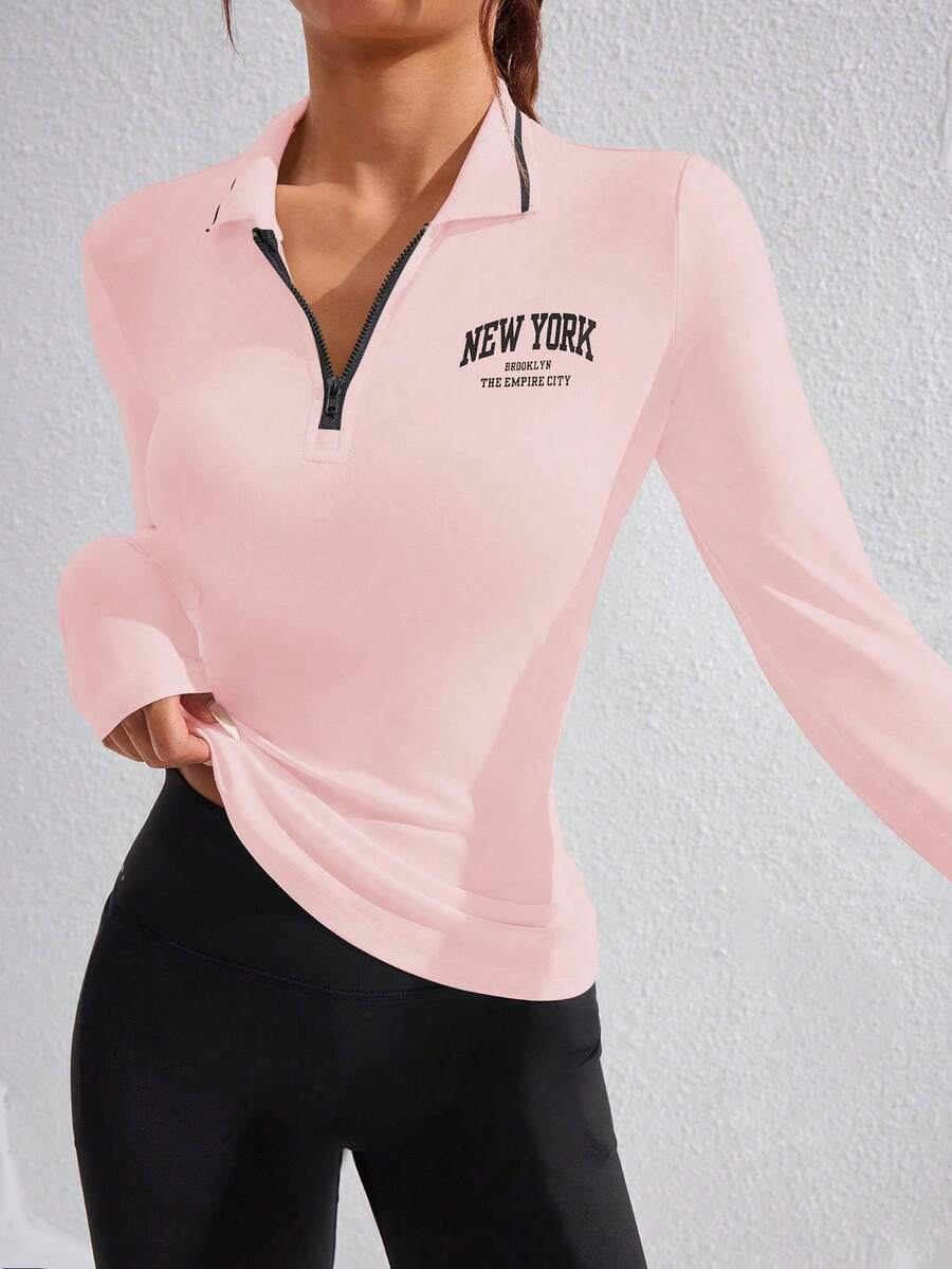 SHEIN Sovereign Charm Áo thun polo thể thao tay dài in chữ cho nữ, khóa kéo nửa thân, màu hồng, áo tập gym tay dài, áo thể thao, áo tập luyện màu hồng, áo tập gym tay dài cho nữ, áo tập luyện tay dài màu hồng, áo thể thao, màu hồng - Màu Hồng baby - Xem 1