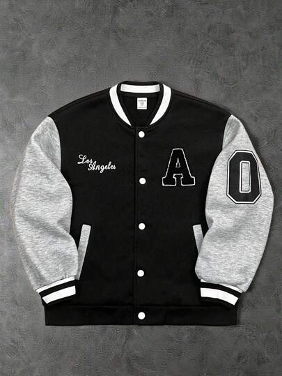 SHEIN Tween Boy 休闲运动字母图案棒球领宽松撞色夹克，适合通勤、上学、日常休闲、旅行、运动、秋冬