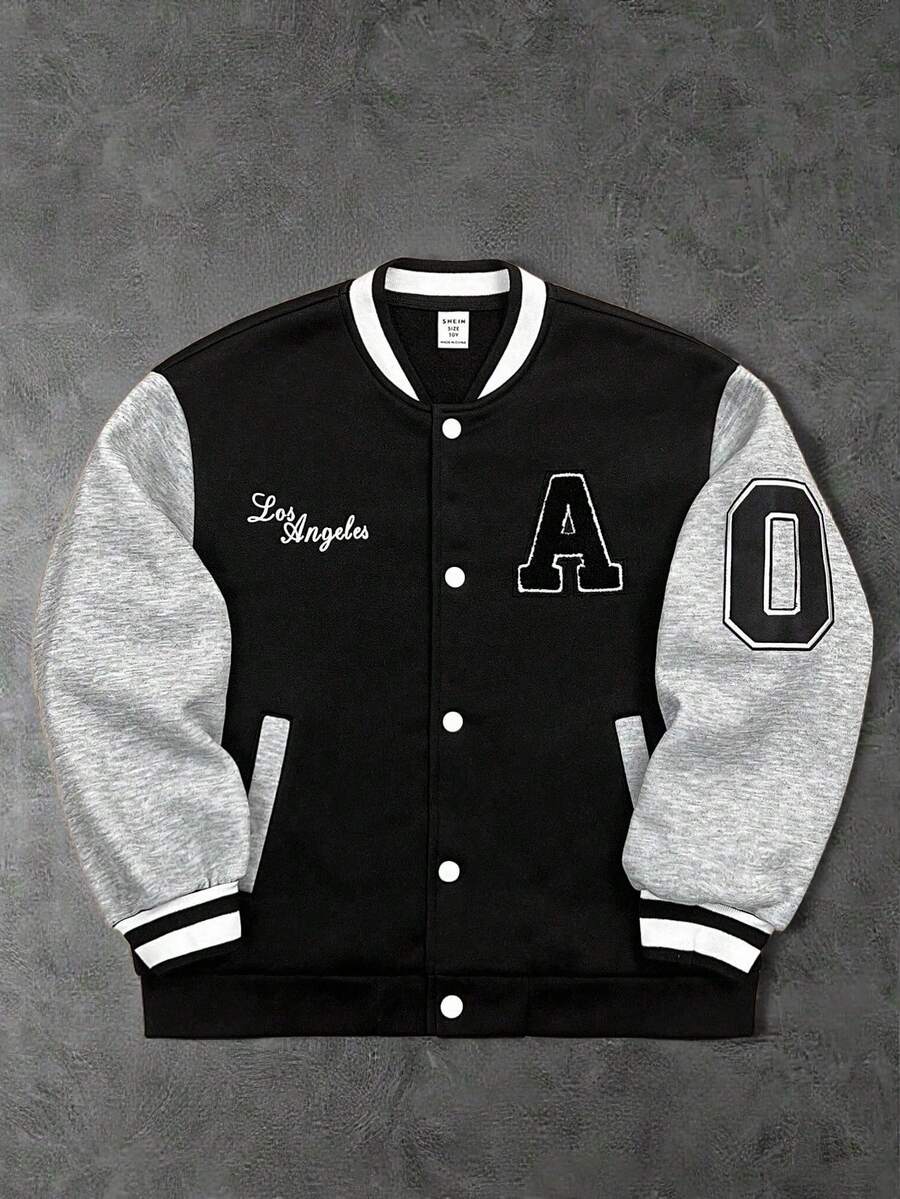 SHEIN Tween Boy 休闲运动字母图案棒球领宽松撞色夹克，适合通勤、上学、日常休闲、旅行、运动、秋冬 - 彩色 - 查看 1