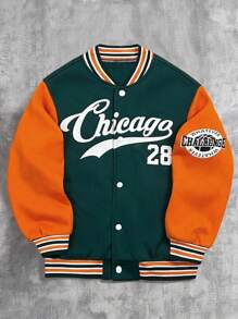 SHEIN 青少年男孩休闲运动数字和字母图案棒球领宽松长袖夹克，适合通勤、上学、日常休闲、旅行、运动、秋冬