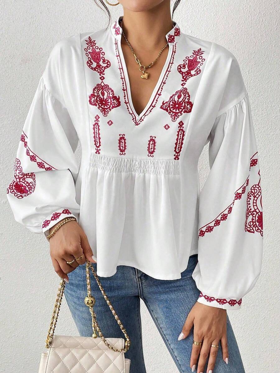 SHEIN LUNE Women's Shirred Graphic Print Long Sleeve Button Shirt Peplum Top Fall Cloth For Women