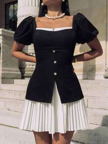 SHEIN MOD Vestido de moda con diseño de botones, mangas abullonadas y cuello cuadrado 2 en 1 para mujer