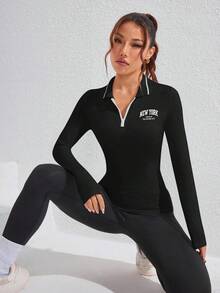 Easithlete 女式字母印花长袖拉链 Polo 衫，休闲健身运动服 - 黑色 - 查看 6