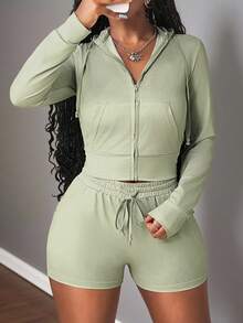 Slaydiva Conjunto de 2 piezas de chaqueta con capucha con cierre frontal y shorts de unicolor para mujer