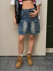 Jeanoix 女式休闲宽松工装口袋牛仔短裤 - 藍色 - 查看 6