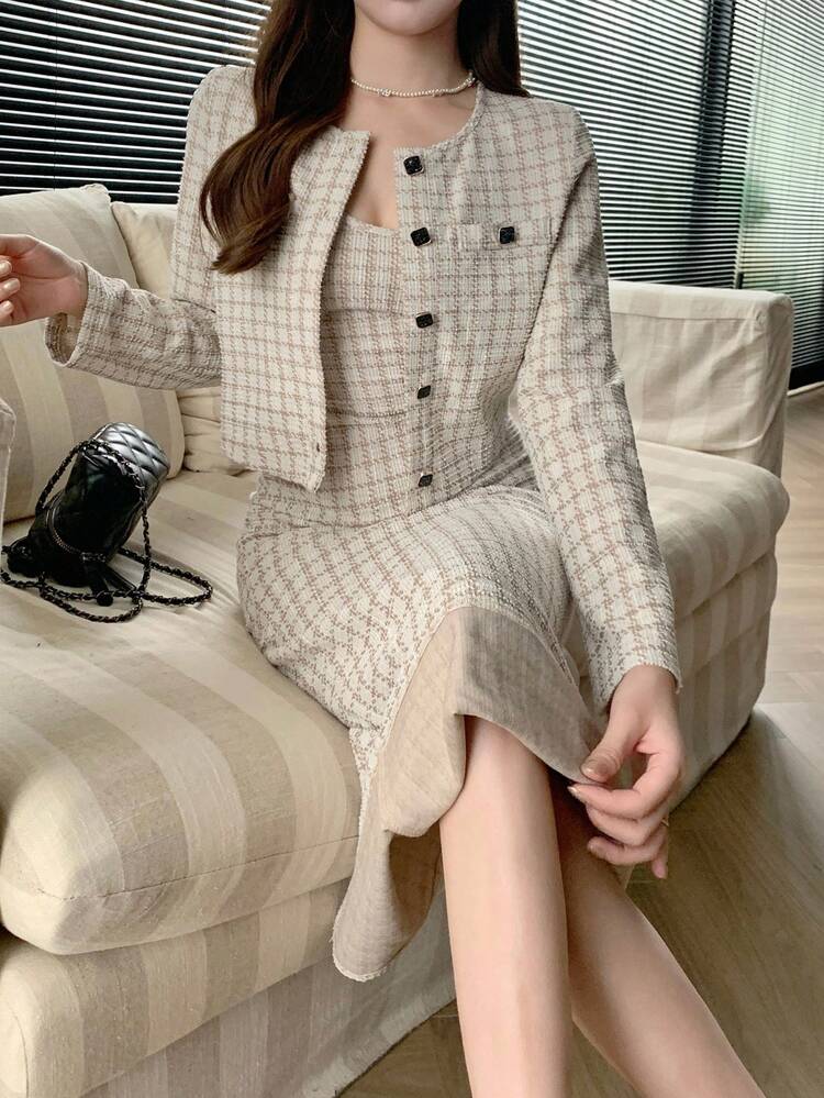 Women's Plaid Round Neck Jacket And Cami Dress 2 Pieces Set, Autumn