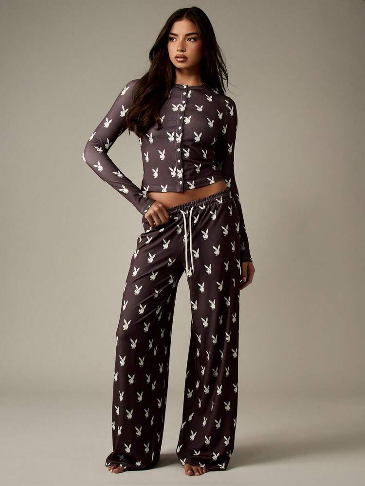 Missguided x Playboy Christmas Button Front Crop Top And Wide Leg Pants With Bunny Print