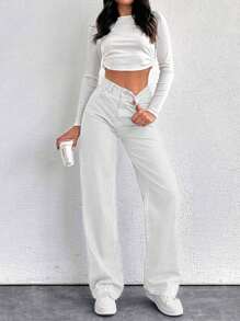 SHEIN Cottnline Solid Color Pocket Casual Versatile Wide Leg Jeans Day Time Blue Summer - White - View 3