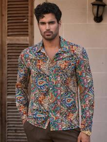 HIMLAND Áo sơ mi nam tay dài vừa vặn, họa tiết Paisley dệt nước thường ngày, áo sơ mi Paisley, áo sơ mi nam họa tiết hoa, áo sơ mi nam nhiều màu sắc, áo sơ mi nam phong cách Boho - Nhiều màu - Xem 3