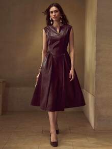 MOTF PREMIUM PU LEATHER NOTCH NECK FLARE HEM SLEEVELESS MIDI DRESS - Burgundy - View 6