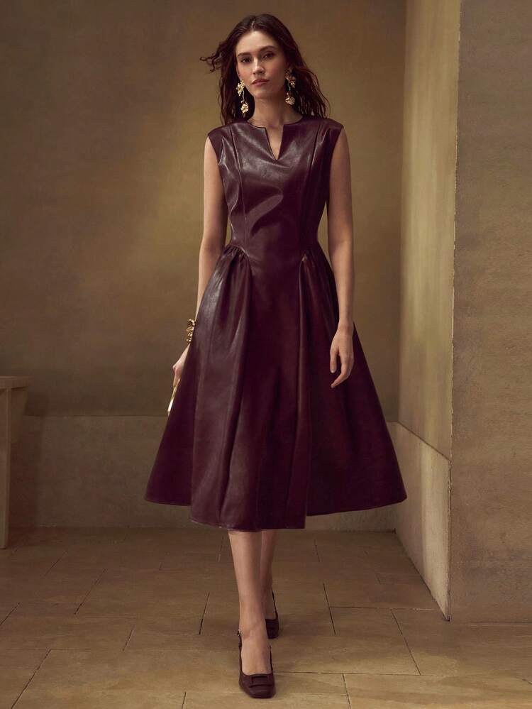 PU LEATHER NOTCH NECK FLARE HEM SLEEVELESS MIDI DRESS