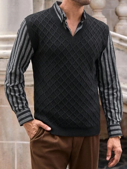 Manfinity NXTstreet Men's V-Neck Knitted Vest, Slim Fit Textured Diamond Pattern Sweater Vest Men Sweater Vest , Old Money , Fall Winter