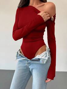 Aloruh 黑色精致现代单肩长袖扭纹金属装饰女式紧身衣 - 酒紅色 - 查看 6
