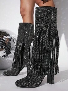 SHUZIA 鑲有水晶裝飾，側拉鍊粗跟靴，女性牛仔靴