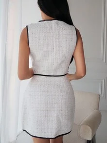 Durrani Popal 2pcs/Set Wedding Anniversary Elegant Casual Beige Tweed Trim Sleeveless Top And A-Line Skirt Set - Apricot - View 2