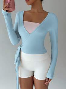 Flirla 粉色瑜伽健身运动服超弹柔软裹身 V 领长袖短款紧身 T 恤，时尚简约，优雅日常衣橱必备单品，适合女性，春秋季 - 藍色 - 查看 4