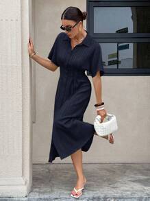 Siren Gaze 商务休闲夏装 - 女士纽扣前开襟衬衫裙 - 藏蓝色 - 查看 4