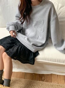 DAZY 女士斜肩蝴蝶印花休闲韩版长袖不对称肩部运动衫秋冬 - 灰色 - 查看 6