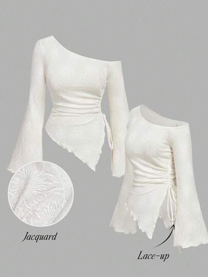 SHEIN MOD Plus Size Women's Apricot Jacquard Textured Flare Sleeve T-Shirt, Drawstring Asymmetric Hem Flare Sleeve T-Shirt, Off Shoulder T-Shirt, Autumn Casual Comfortable T-Shirt White Elegant Top White Long Sleeve Top White Lace-Up Top