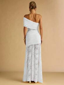 SHEIN BAE Women's Floral Lace Ruffle Asymmetric Hem Elegant Dress,Prom Dress,Fall Wedding Guest Dress - White - View 2