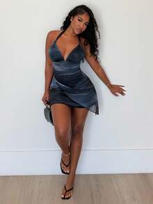 Alexandranx Sexy Vintage Ombre Halter V-Neck Mesh Ruched Asymmetric Hem Romantic Holiday Mini Dress For Women, Beach Outfit,Summer Dresses For Women - Multicolor - View 7