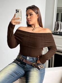 SHEIN EZwear 大码女式休闲露肩巧克力棕色T恤 - 巧克力棕 - 查看 5