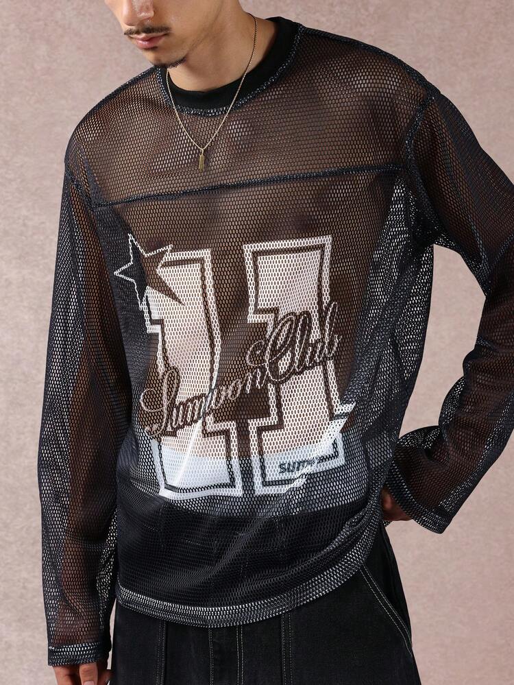 Schwarzes Mesh-T-Shirt mit Logo-Print