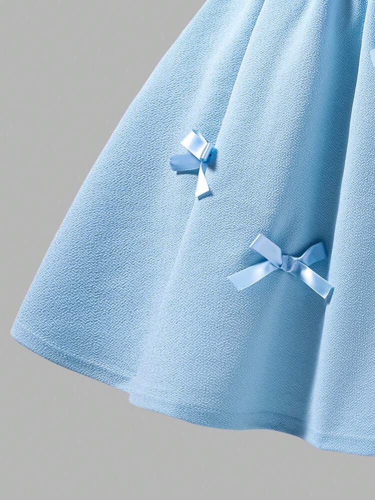 Elladie kids Vestido elegante de unicolor con volantes y decoración de moño para niñas preadolescentes, adecuado para salidas, fiestas y eventos, primavera/verano - Azul - Añade 6