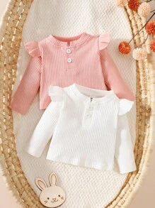SHEIN 2pcs Baby Girl Cute Knitted Sweater With Ruffle Sleeves, Autumn/Winter