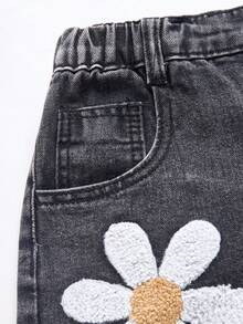 SHEIN ChillGRL Tween 女童时尚雪花刺绣阔腿水洗牛仔裤，适合春夏秋冬 - 灰色 - 查看 8