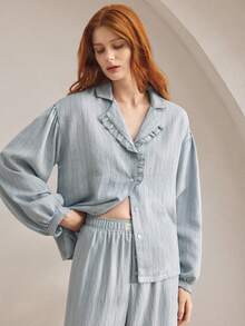 Ocili 女式条纹印花荷叶边翻领灯笼袖宽松睡衣上衣，春秋季 - 藍色 - 查看 2