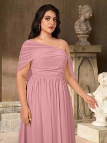 Aureia 加大码优雅浪漫粉色雪纺不对称露肩褶饰喇叭袖高开衩 A 字下摆连衣裙，适合婚礼、派对、度假、庆典、伴娘