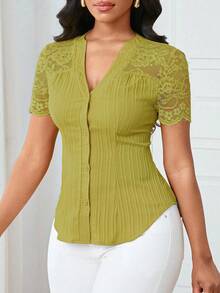 Lunelith SHEIN Lunessa Blouse à manches courtes avec patchwork en dentelle de couleur unie, pour le travail