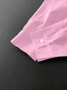 INAWLY Women's Plus Size Simple Casual Solid Color Front Button Long Sleeve Shirt - Pink - View 8