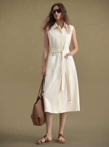 Ontre 休闲纯色系腰无袖连衣裙，2025新款女装，适合秋冬季，所有季节，返校，万圣节，圣诞节，女教师装，休闲外出，婚礼宾客装，优雅教堂/商务休闲装 - 杏色 - 查看 5