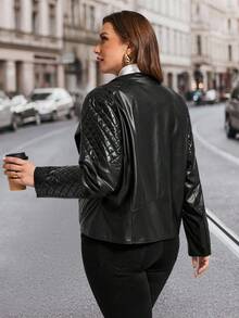 SHEIN Clasi Plus Size Women's Elegant Black Jacket With Metal Zipper And Button Decoration, Suitable For Autumn And Winter Black Jacket - Black - View 6