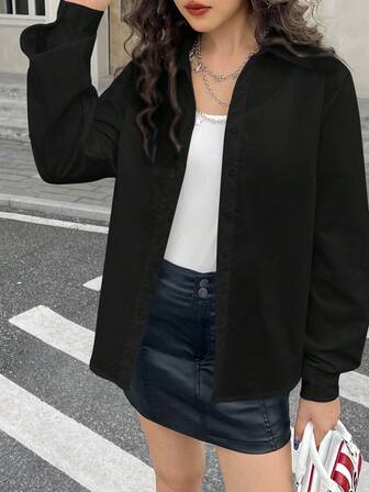 SHEIN Teengirl Black Long Sleeve Casual Loose Shirt, Collegiate Style Shirt, Suitable For Autumn/Winter, Back To School, Versatile Black Shirt Black Jacket Teen Girl Black Button Down Shirt Oversized Black Shirt Cute Black Jacket Black Shacket Cute Jacket Black Shirt Jacket Fall