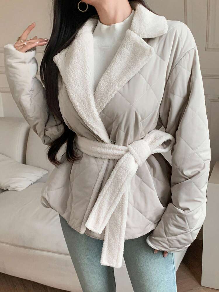 Women's Quilted Padded Coat With Contrast Color Belt, Lapel Collar, Autumn/Winter Jacket