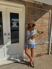 Aralina Knit Contrast Trim Tie Front Ruffle Hem Summer Mini Dress - Blue - View 10