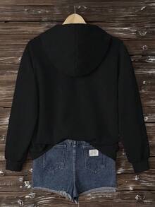 EMERY ROSE Plus Size Women Heart Graphic Drop Shoulder Drawstring Hooded Thick Sweatshirt, Suitable For Fall And Winter Hoodie Autumn - Black - View 2