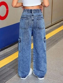 SHEIN 少女工装口袋阔腿宽松休闲牛仔裤 Y2K 水洗牛仔宽松牛仔裤 少女工装牛仔裤 秋冬 - 深色水洗藍 - 查看 2