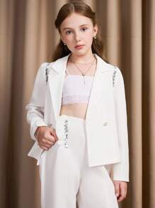 SHEIN Girls' Blazer Suit Set, White Handcrafted Crystal Decor Blazer & Pants, Elegant Everyday Wear & Commute Fall Winter