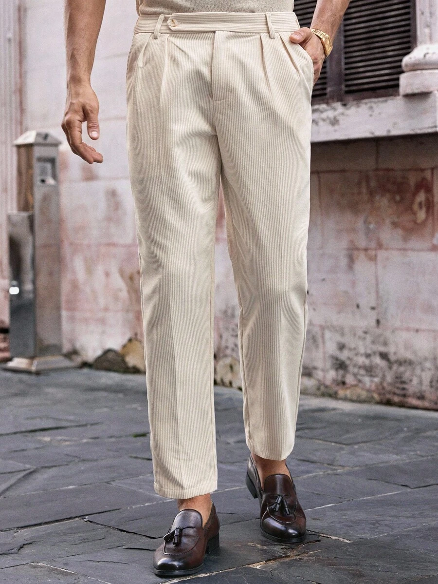 Manfinity VCAY Calça de Terno Casual Masculina de Veludo Canelado, Cintura Média, Ajuste Afunilado, Old Money - Branco - Visão 1