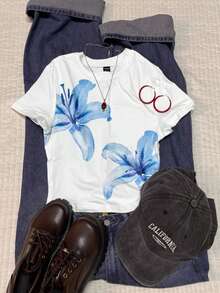 Attitoon Women's Crew Neck Short Sleeve Fitted Tee, Hibiscus Floral & Hawaiian Print, Suitable For Summer Vacation - Multicolor - View 2