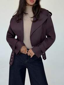 Aloruh Women's Solid Color Fashionable Short Casual Jacket Fall Clothes - Burgundy - View 4