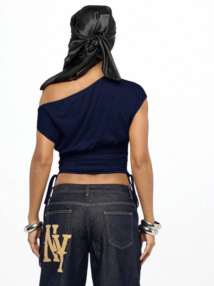 SUMWON WOMEN Off Shoulder Ruched Side Varsity Print Crop Top