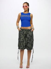 SUMWON WOMEN Áo ba lỗ America's Sweetie màu vàng Gothic chữ crop top xanh viền vàng không tay phong cách đường phố thường ngày lễ hội mùa hè thời trang Y2K - Màu xanh hải quân - Xem 3