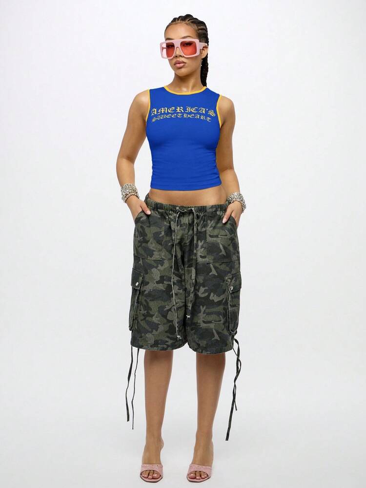 SUMWON WOMEN America's Sweetie Tank Top Gold Gothic Text Blue Crop Top Yellow Trim Sleeveless Casual Street Style Festival Summer Y2K Fashion Tank - Navy Blue - View 3