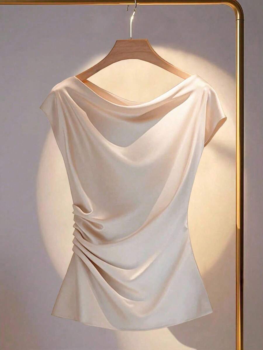 EMERY ROSE Women's Ruched Collar Solid Color Elegant Business Blouse - Apricot - View 1